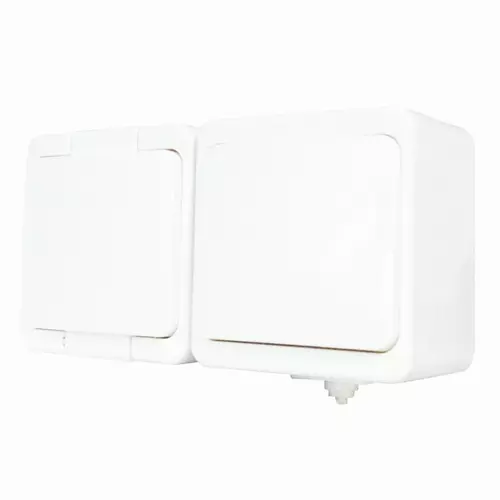 Gniazdo n/t 1x2P+Z klapka biała+włącz 1bieg IP44