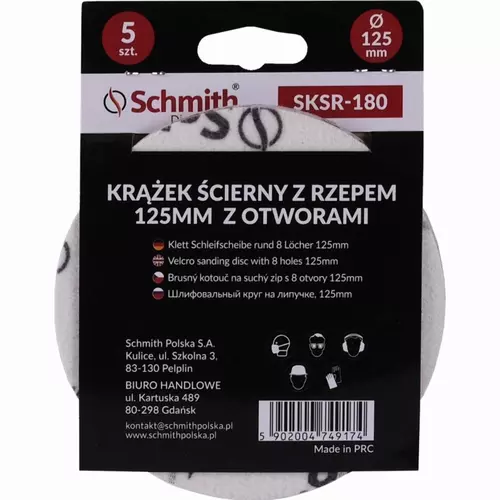 Krążek ścierny z rzepem 125mm z otworami P180 5szt Schmith