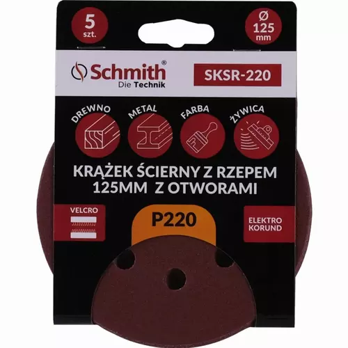 Krążek ścierny z rzepem 125mm z otworami P220 5szt