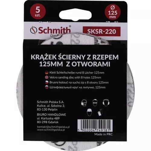 Krążek ścierny z rzepem 125mm z otworami P220 5szt Schmith