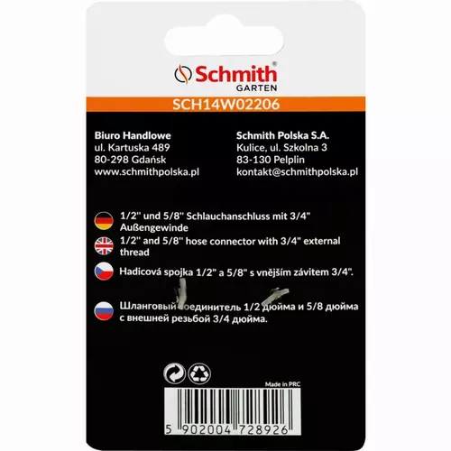Złączka węża 1/2'' i 5/8'' z gwintem zew. 3/4" marki Schmith SCH14W02206 1