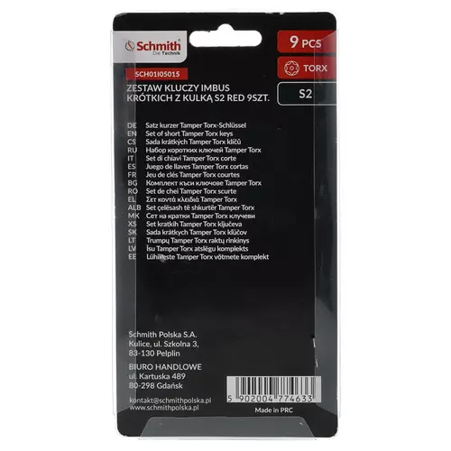 Zestaw kluczy Torx S2 RED krótkie 9 szt. Schmith