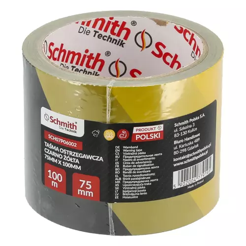 Taśma ostrzegawcza czarno żółta 75 mm x 100 m Schmith