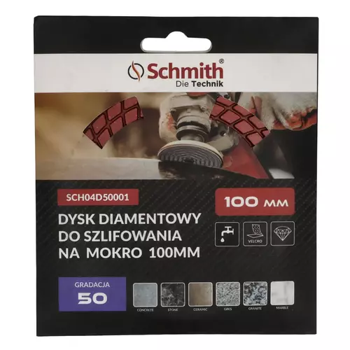 Dysk diamentowy  gr. 50 100mm do szlifowania na mokro, Gradacja: 50, Średnica: 100, Typ: Dysk do szlifowania na mokro Schmith