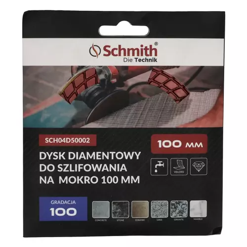 Dysk diamentowy gr. 100 100mm do szlifowania na mokro, Gradacja: 100, Średnica: 100, Typ: Dysk do szlifowania na mokro Schmith