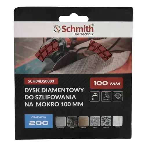 Dysk diamentowy gr. 200 100mm do szlifowania na mokro, Gradacja: 200, Średnica: 100, Typ: Dysk do szlifowania na mokro Schmith