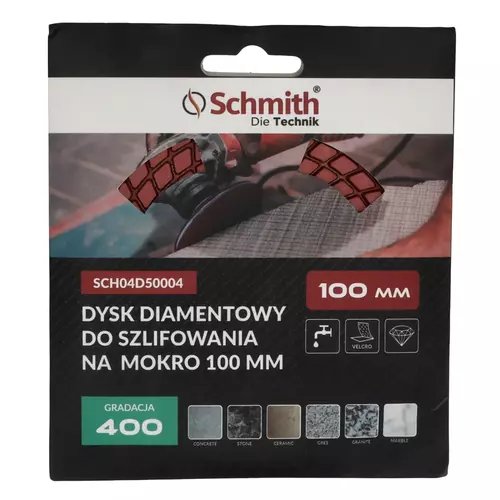 Dysk diamentowy gr. 400 100mm do szlifowania na mokro, Gradacja: 400, Średnica: 100, Typ: Dysk do szlifowania na mokro Schmith