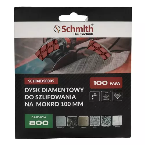 Dysk diamentowy gr. 800 100mm do szlifowania na mokro, Gradacja: 800, Średnica: 100, Typ: Dysk do szlifowania na mokro Schmith