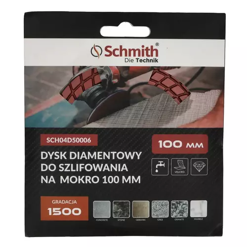 Dysk diamentowy gr. 1500 100mm do szlifowania na mokro, Gradacja: 1500, Średnica: 100, Typ: Dysk do szlifowania na mokro Schmith