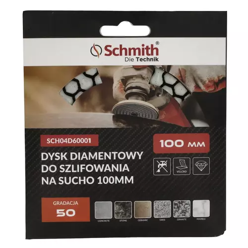 Dysk diamentowy gr. 50 100mm do szlifowania na sucho, Gradacja: 50, Średnica: 100, Typ: Dysk do szlifowania na sucho Schmith