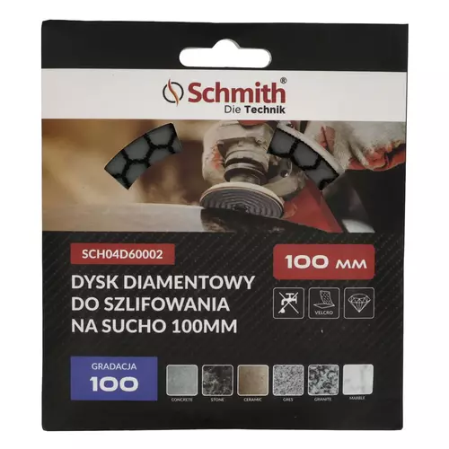 Dysk diamentowy gr. 100 100mm do szlifowania na sucho, Gradacja: 100, Średnica: 100, Typ: Dysk do szlifowania na sucho Schmith