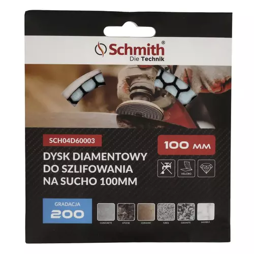 Dysk diamentowy gr. 200 100mm do szlifowania na sucho, Gradacja: 200, Średnica: 100, Typ: Dysk do szlifowania na sucho Schmith