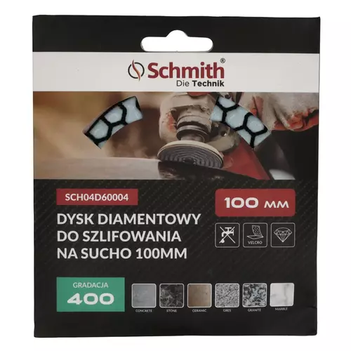 Dysk diamentowy gr. 400 100mm do szlifowania na sucho, Gradacja: 400, Średnica: 100, Typ: Dysk do szlifowania na sucho Schmith