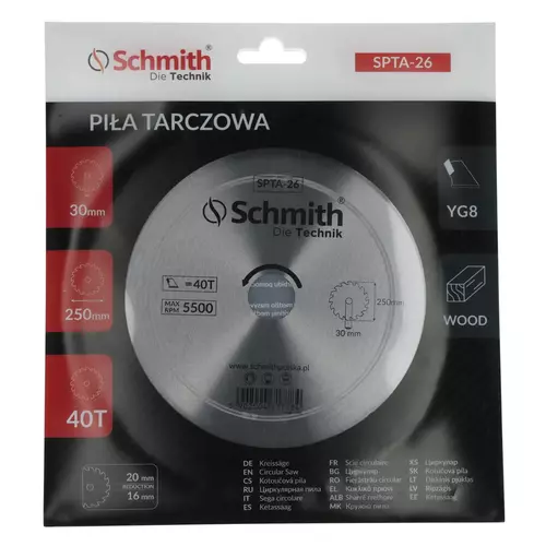 Tarcza pilarska widiowa 250mm 40T, Średnica: 250, Liczba zębów: 40 Schmith