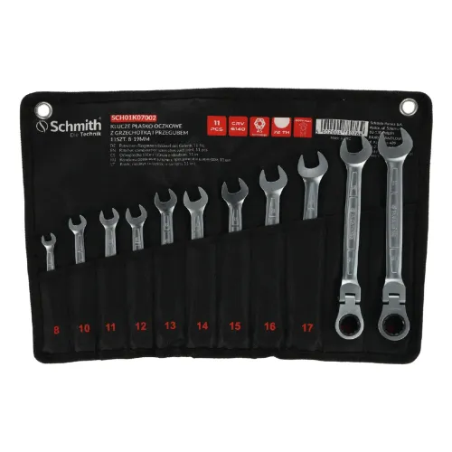 Komplet kluczy płasko-oczkowych z grzechotką i przegubem 8-19mm 11 szt. Schmith