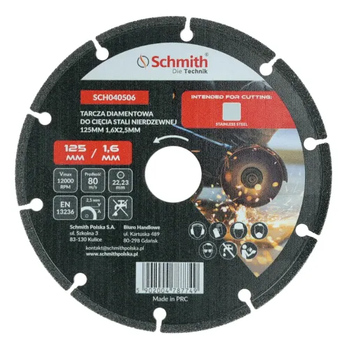 Tarcza diamentowa do cięcia stali nierdzewnej 125x1,6mm Schmith