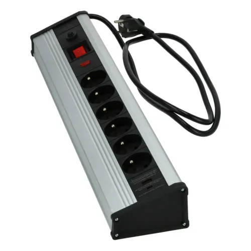 Aluminiowa listwa zasilająca z USB 6 gn. 3x1,5mm 1,5m, Długość: 1,5, Liczba gniazd: 6, Przekrój przewodu: 3x1,5mm Schmith