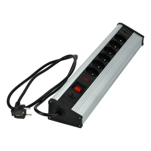 Aluminiowa listwa zasilająca z USB 6 gn. 3x1,5mm 3m, Długość: 3, Liczba gniazd: 6, Przekrój przewodu: 3x1,5mm Schmith