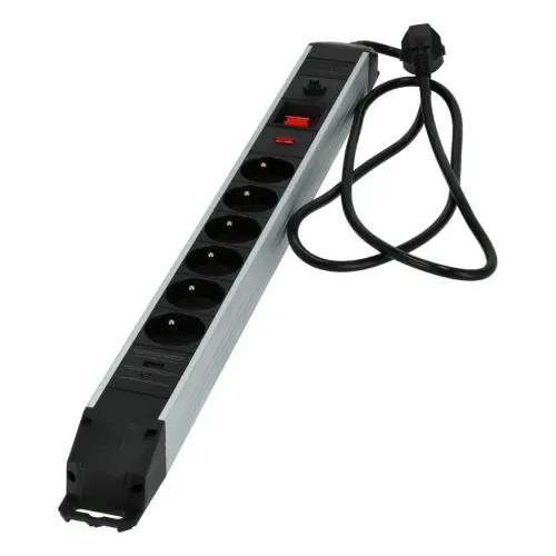 Aluminiowa listwa zasilająca z USB 6 gn. 3x1,5mm 1,5m, Długość: 1,5, Liczba gniazd: 6, Przekrój przewodu: 3x1,5mm Schmith