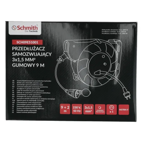Przedłużacz samozwijający 3x1,5mm 9m, Długość: 9, Przekrój przewodu: 3x1,5mm Schmith
