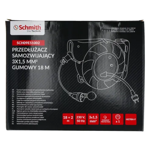 Przedłużacz samozwijający 3x1,5mm 18m, Długość: 18, Przekrój przewodu: 3x1,5mm Schmith