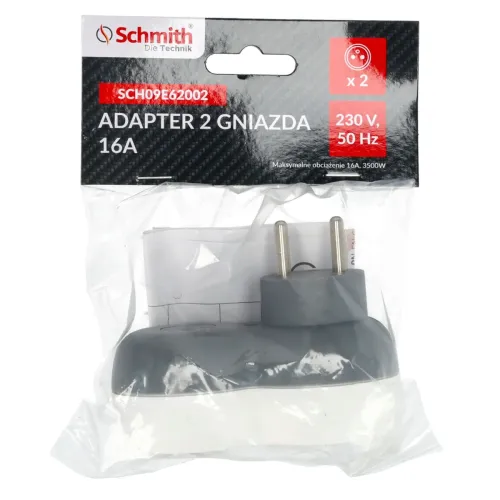 Adapter z dwoma gniazdami, Rodzaj: 2 gniazdowy, Uziemienie: Tak Schmith
