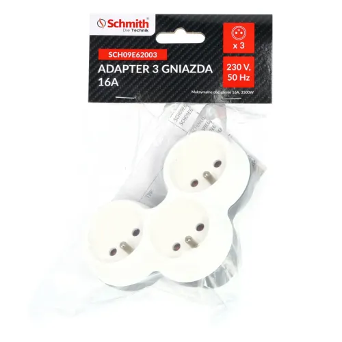 Adapter z trzema gniazdami, Rodzaj: 3 gniazdowy, Uziemienie: Tak Schmith