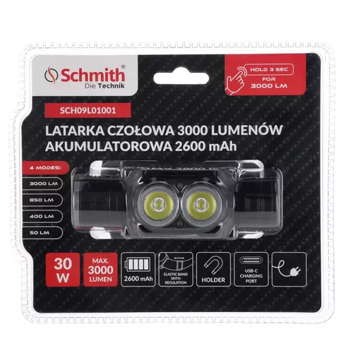 Latarka czołowa akumulatorowa 3000lm 2600mAh Schmith