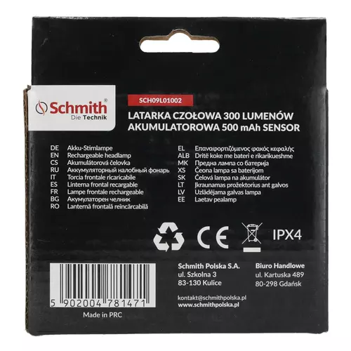 Latarka czołowa akumulatorowa z sensorem 300lm 500mAh Schmith