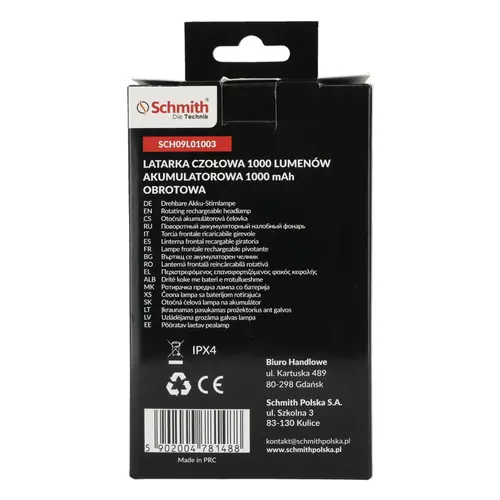 Latarka czołowa akumulatorowa obrotowa 1000lm 950mAh Schmith