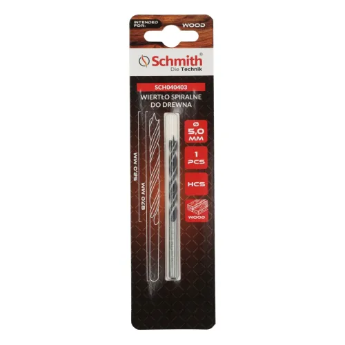 Wiertło spiralne do drewna 5x87mm, Typ: wiertło spiralne, Uchwyt: cylindryczny, Średnica: 5,0, Długość wiertła: 87 Schmith