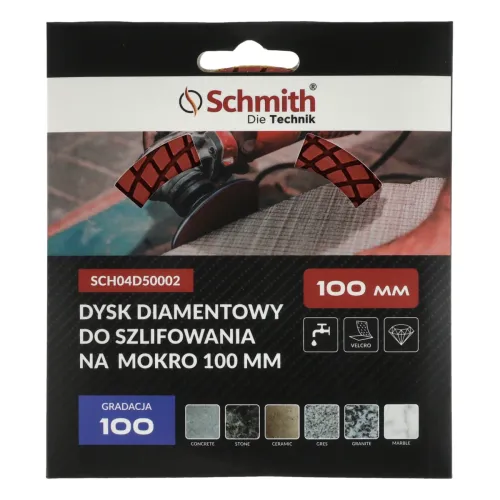 Dysk diamentowy gr. 100 100mm do szlifowania na mokro, Gradacja: 100, Średnica: 100, Typ: Dysk do szlifowania na mokro Schmith
