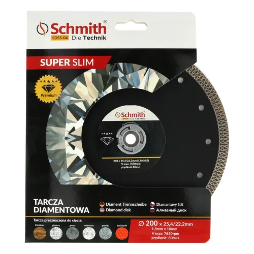 Tarcza diamentowa SLIM 200x1,8mm, Średnica: 200, Typ: ciągła, Grubość: 1,8 Schmith