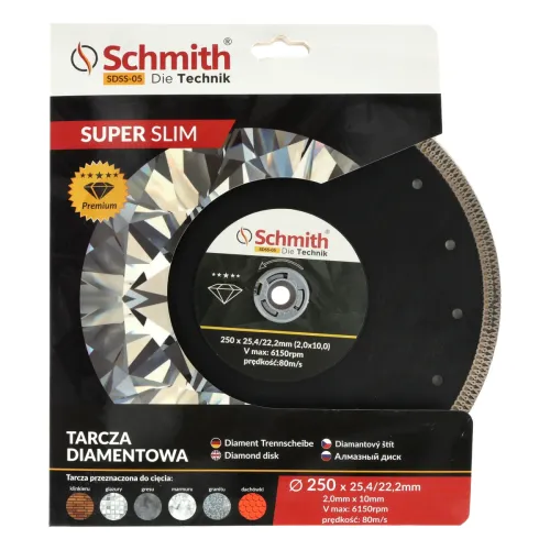 Tarcza diamentowa SLIM 250x2,0mm, Średnica: 250, Typ: ciągła, Grubość: 2,0 Schmith