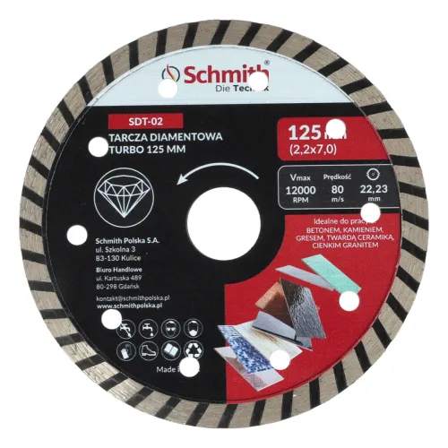 Tarcza diamentowa TURBO 125x2,2mm, Średnica: 125, Typ: TURBO, Grubość: 2,2 Schmith