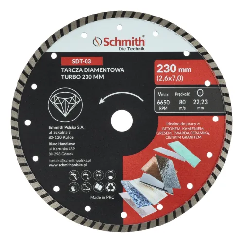 Tarcza diamentowa TURBO 230x2,6mm, Średnica: 230, Typ: TURBO, Grubość: 2,6 Schmith