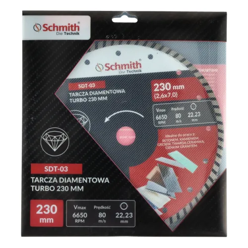 Tarcza diamentowa TURBO 230x2,6mm, Średnica: 230, Typ: TURBO, Grubość: 2,6 Schmith