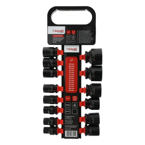 Zestaw nasadek udarowych dwunastokątnych 1/2" 10-32mm 14 szt., Rozmiar: 10-32, Typ klucza: 12-kątny, Rodzaj klucza: nasadka udarowa krótka Schmith