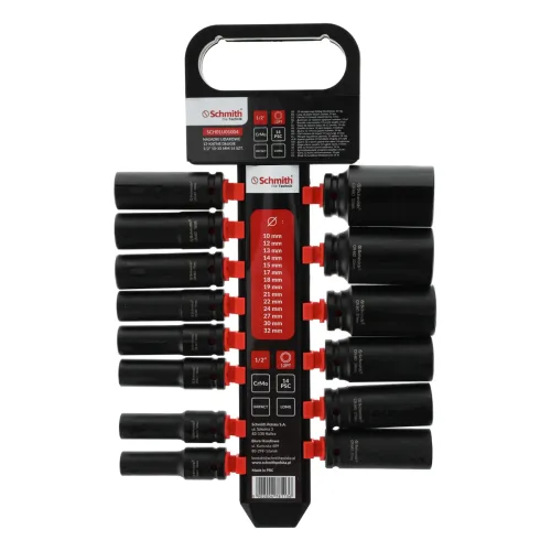 Zestaw nasadek udarowych dwunastokątnych długich 1/2" 10-32mm 14 szt., Rozmiar: 10-32, Typ klucza: 12-kątny, Rodzaj klucza: nasadka udarowa długa Schmith