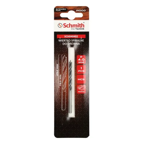 Wiertło spiralne do drewna 4x75mm, Typ: wiertło spiralne, Uchwyt: cylindryczny, Średnica: 4,0, Długość wiertła: 75 Schmith