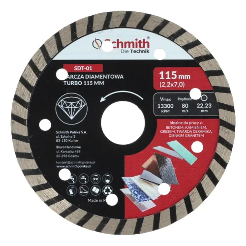Tarcza diamentowa TURBO 115x1,9mm, Średnica: 115, Typ: TURBO, Grubość: 1,9 Schmith