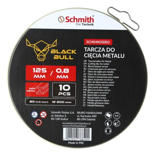 Tarcza do cięcia metalu 125x0,8mm Black Bull 10 szt., Średnica: 125, Grubość: 0,8 Schmith