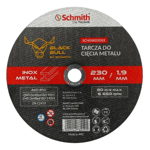 Tarcza do cięcia metalu 230x1,9mm Black Bull 5 szt., Średnica: 230, Grubość: 1,9 Schmith