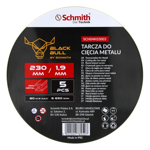 Tarcza do cięcia metalu 230x1,9mm Black Bull 5 szt., Średnica: 230, Grubość: 1,9 Schmith