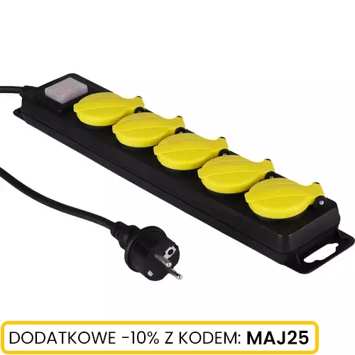 Przedłużacz warsztatowy z wyłącznikiem pięciogniazdowy przewód 5M 1.5mm IP44