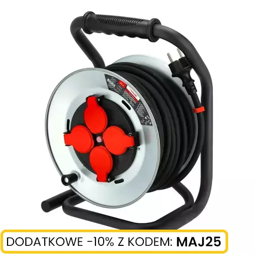 Przedłużacz bębnowy metalowy, gumowy 3x2,5mm 40m, Długość: 40, Liczba gniazd: 4 Schmith